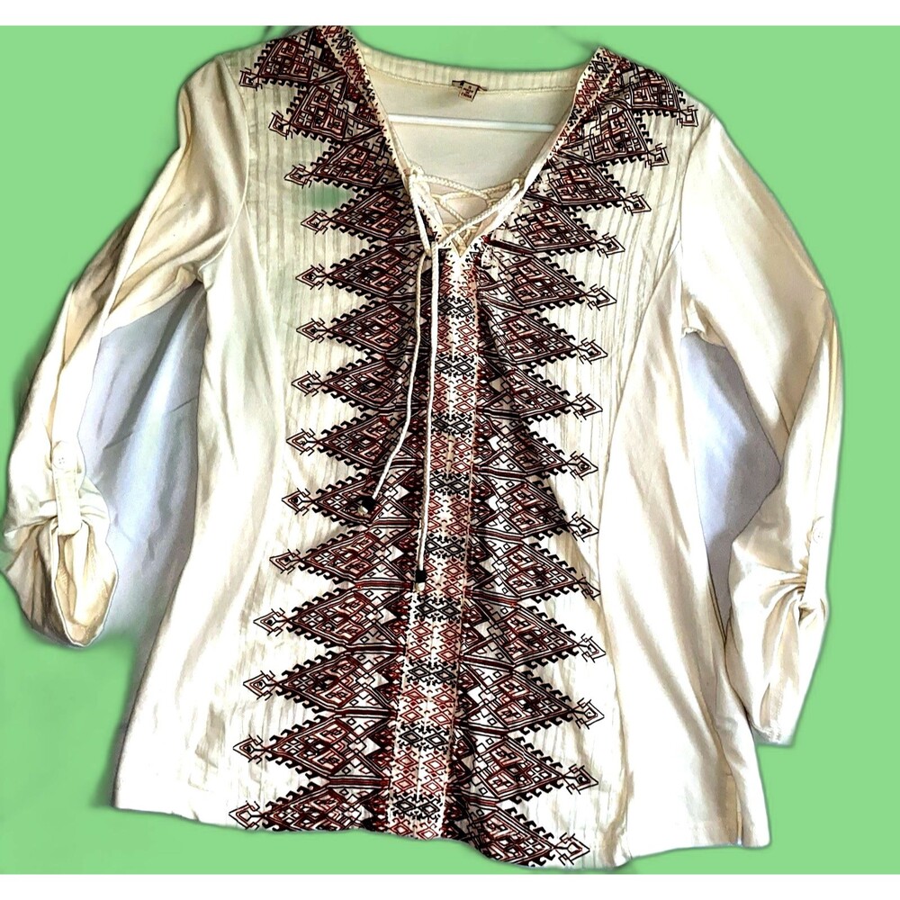 REBA Womens Top SMALL Multicolor Embellished Knit 3/4 Sleeve Rhinestones Boho